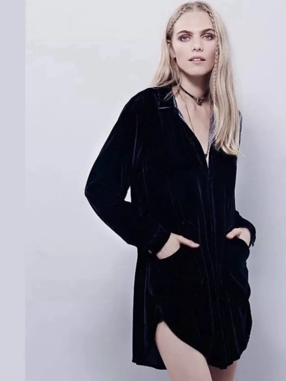 •CP SHADES• Velvet SILK Tunic Shirt Dress - SILK Blend Luxury Button Down Black